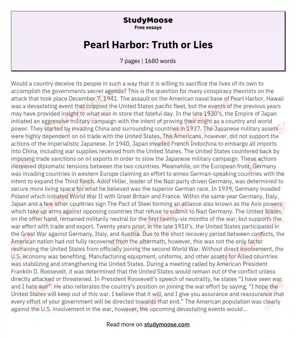 Pearl Harbor: Truth or Lies essay