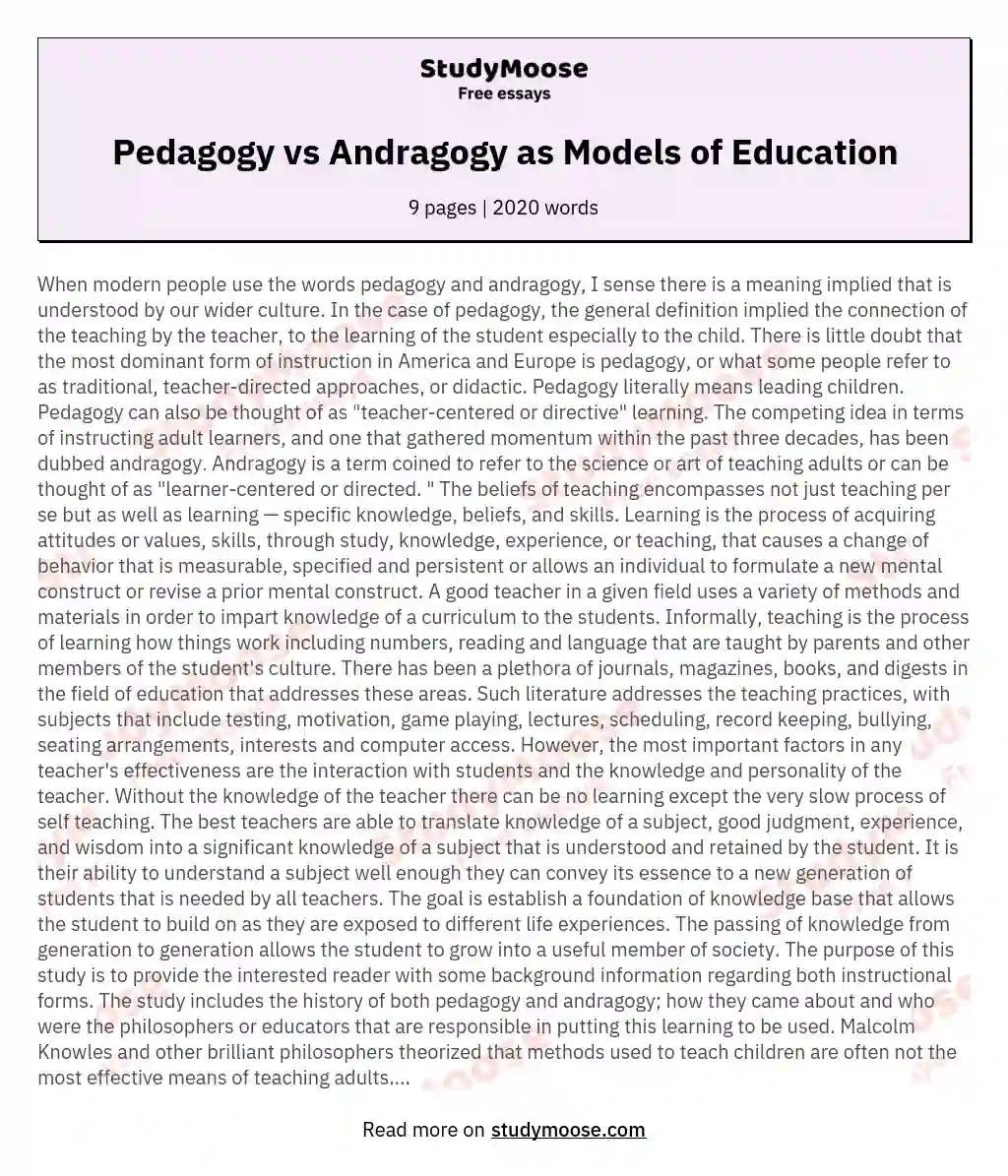 Pedagogy vs Andragogy as Models of Education