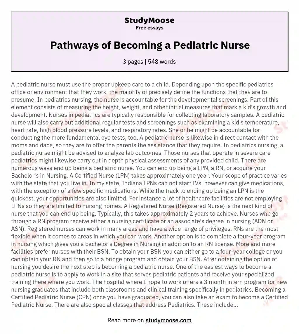 Pathways of Becoming a Pediatric Nurse essay