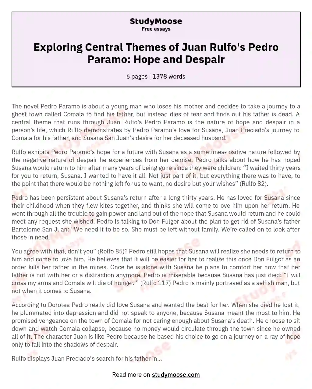 Exploring Central Themes of Juan Rulfo's Pedro Paramo: Hope and Despair essay
