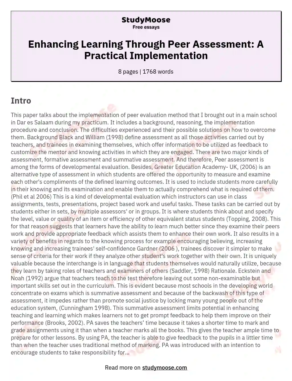 Enhancing Learning Through Peer Assessment: A Practical Implementation essay