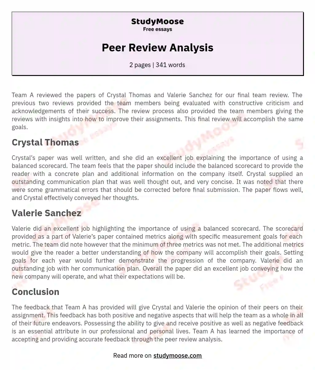 Peer Review Analysis essay