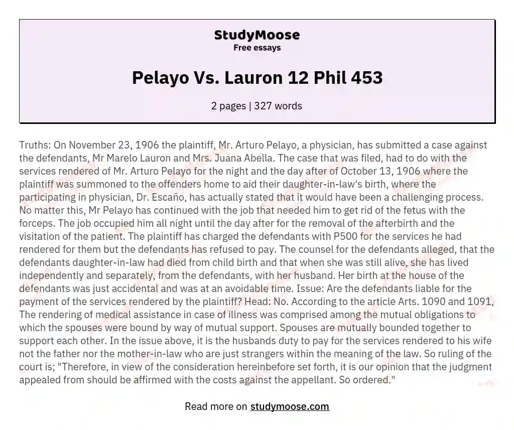 Pelayo Vs. Lauron 12 Phil 453 essay