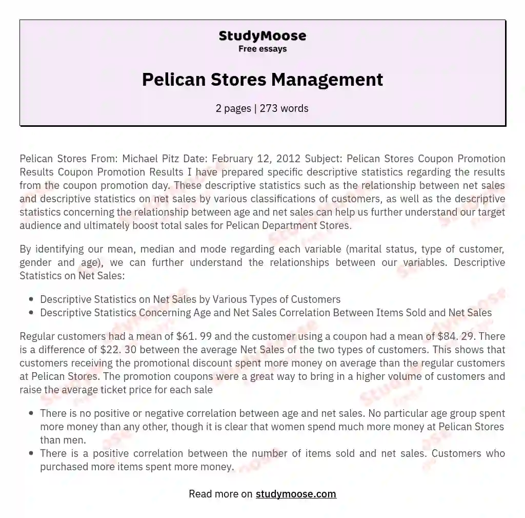 Pelican Stores Management essay