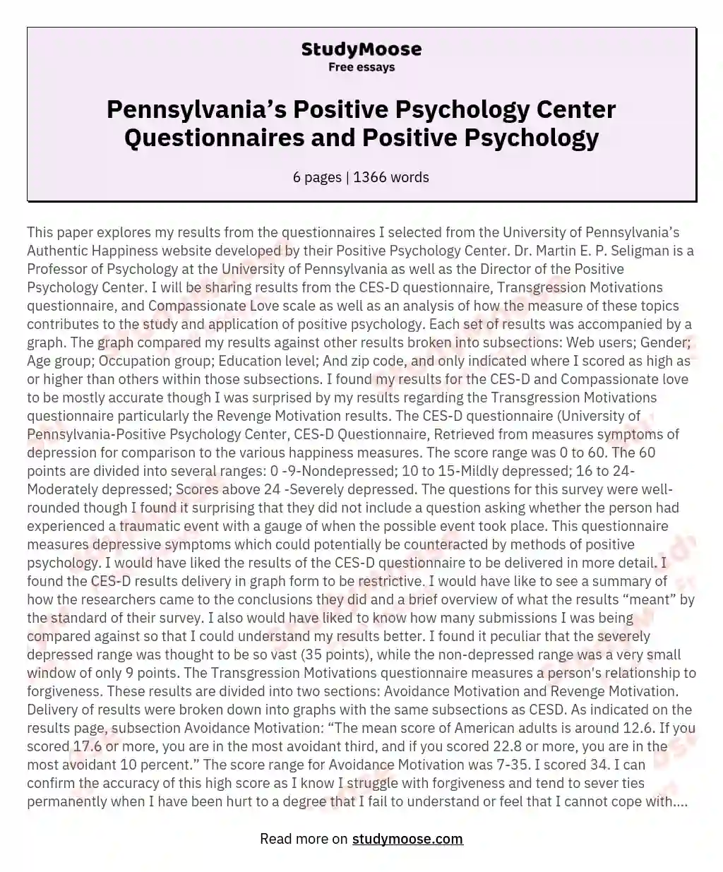 Pennsylvania’s Positive Psychology Center Questionnaires and Positive Psychology essay