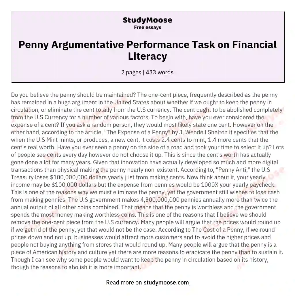 Penny Argumentative Performance Task on Financial Literacy