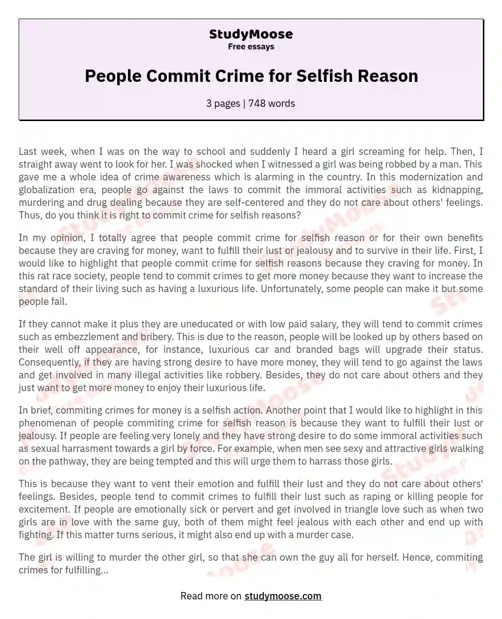 People Commit Crime for Selfish Reason essay