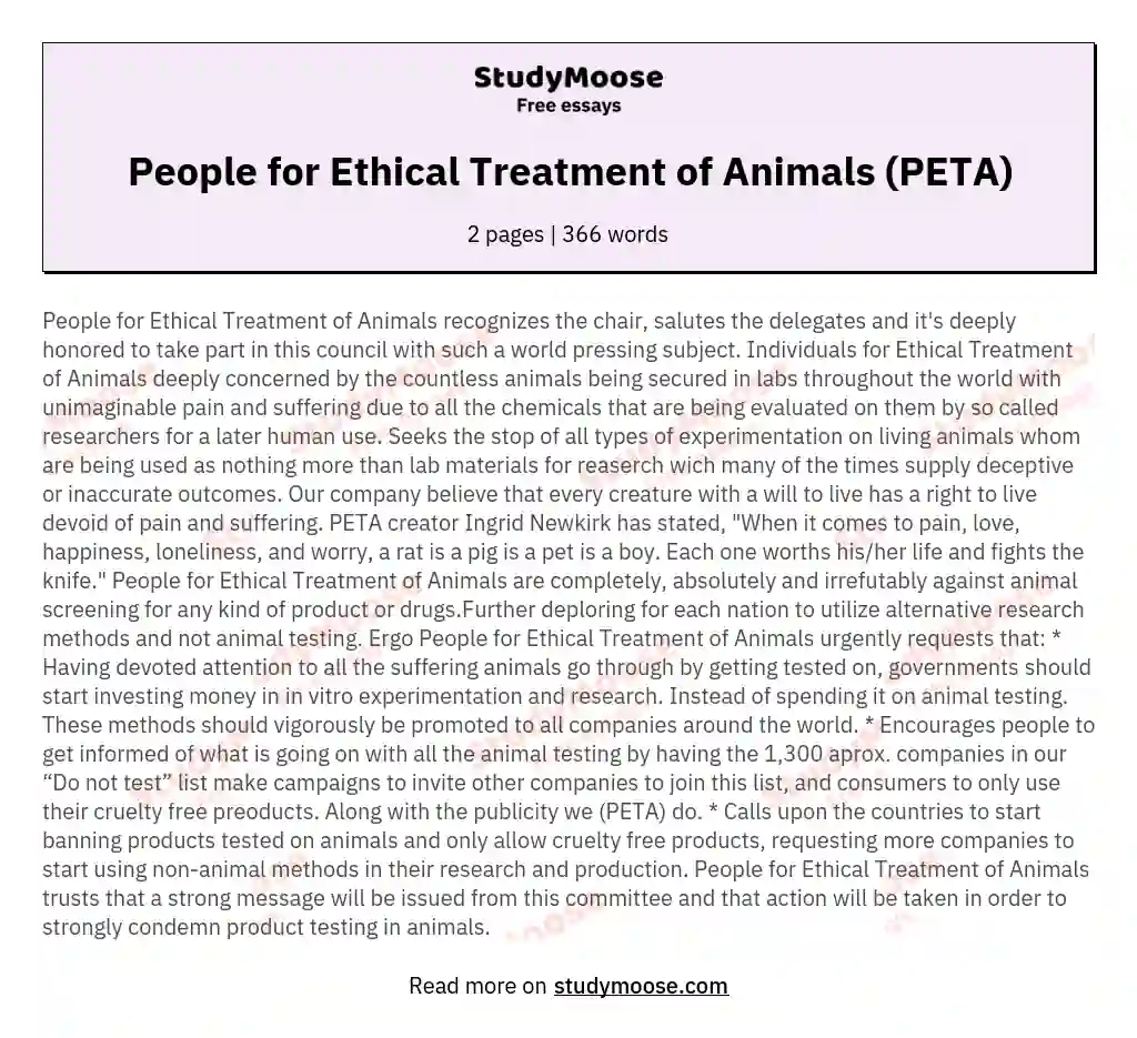 People for Ethical Treatment of Animals (PETA) Free Essay Example