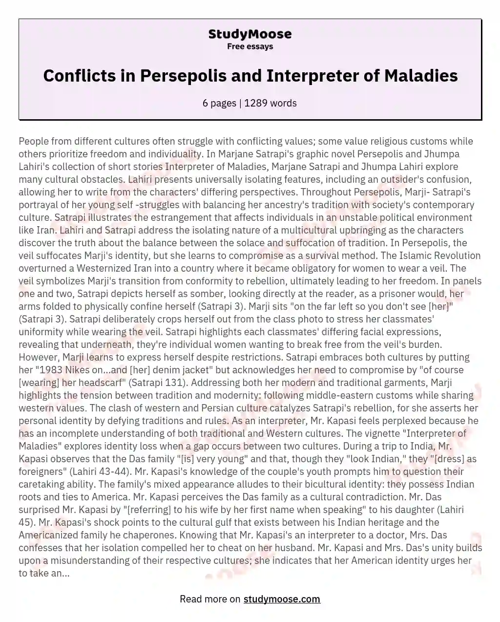 Conflicts in Persepolis and Interpreter of Maladies essay