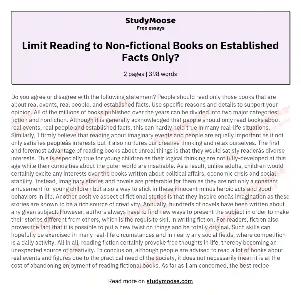 Limit Reading to Non-fictional Books on Established Facts Only? essay