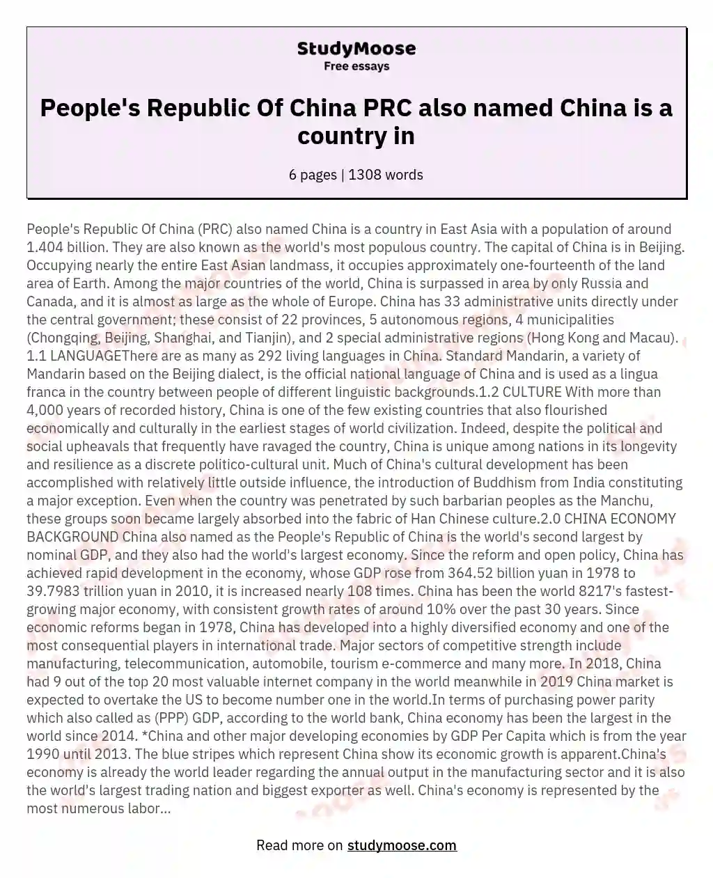 People's Republic Of China PRC also named China is a country in