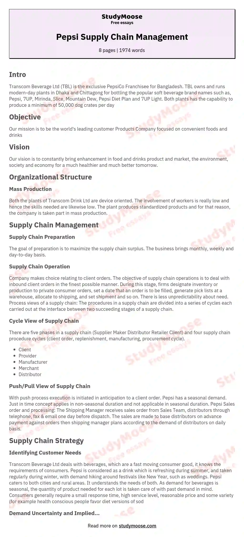 Pepsi Supply Chain Management essay