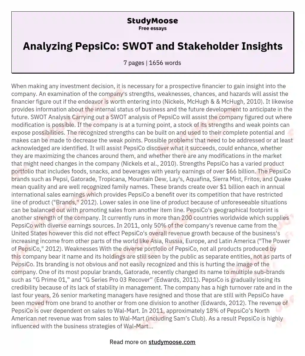 Analyzing PepsiCo: SWOT and Stakeholder Insights essay