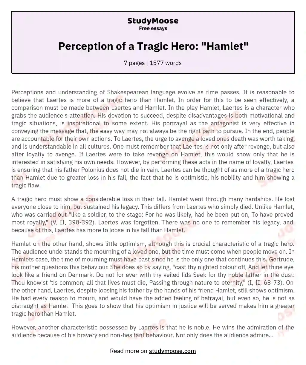 Perception of a Tragic Hero: "Hamlet" essay