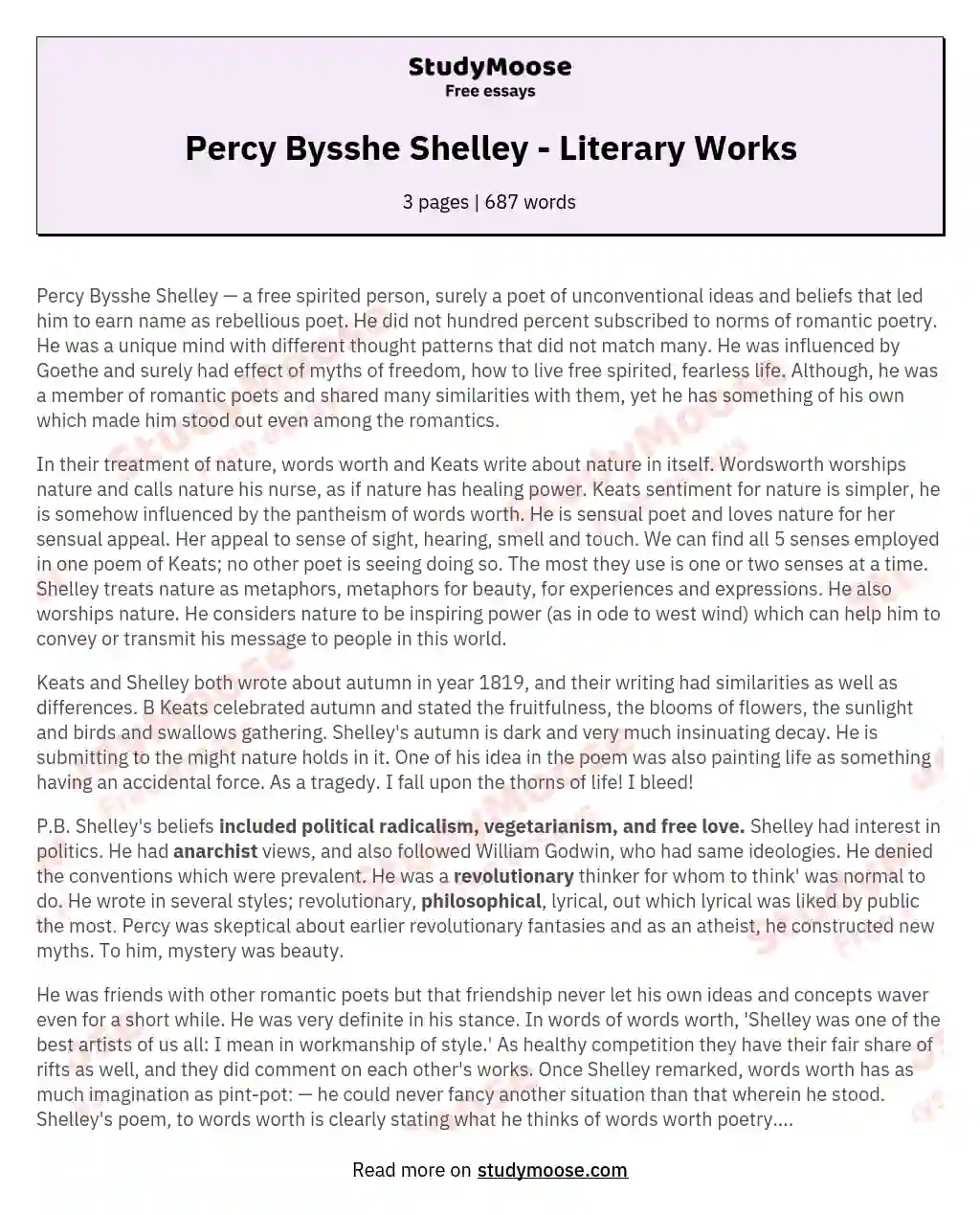 Percy Bysshe Shelley - Literary Works