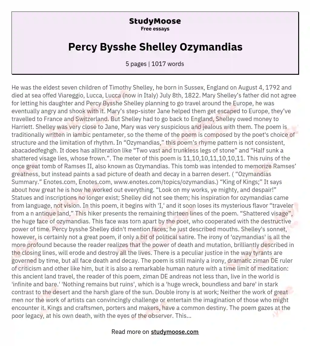 Percy Bysshe Shelley Ozymandias essay