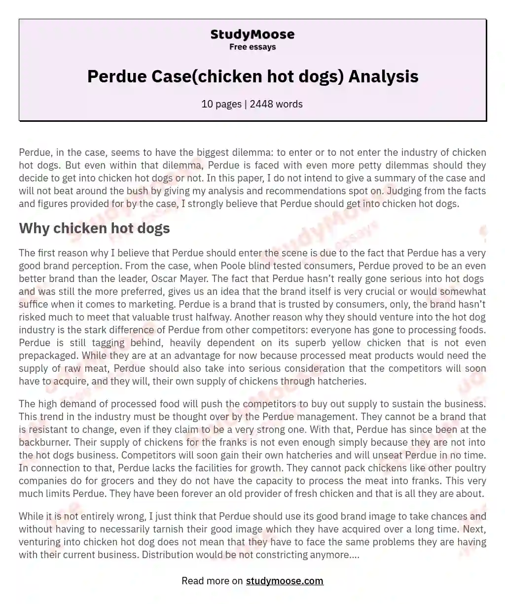 Perdue Case(chicken hot dogs) Analysis