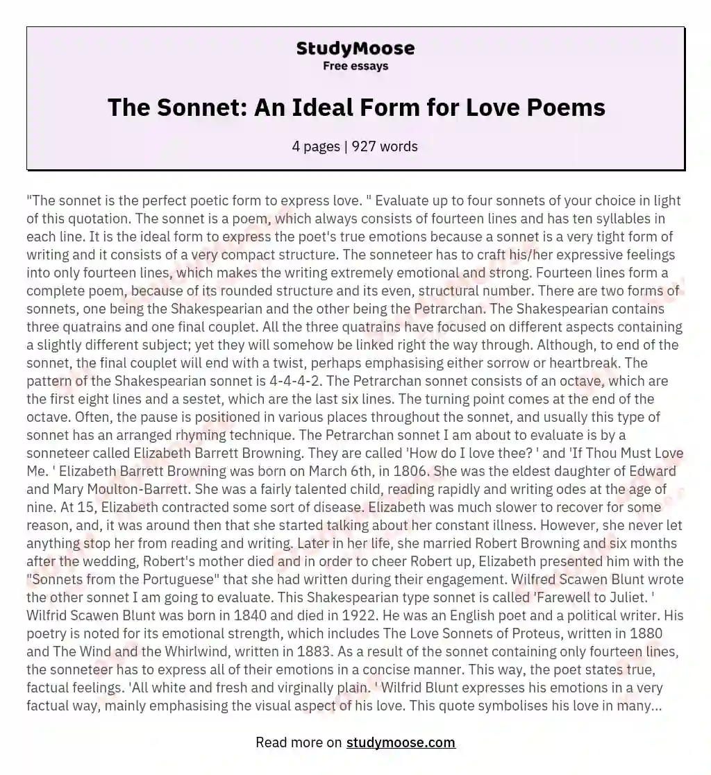 The Sonnet: An Ideal Form for Love Poems essay