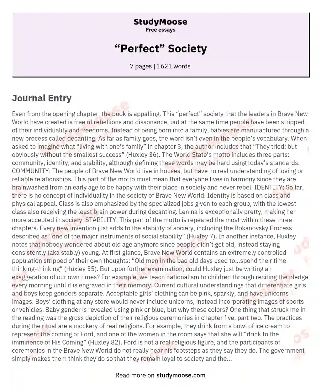 “Perfect” Society essay