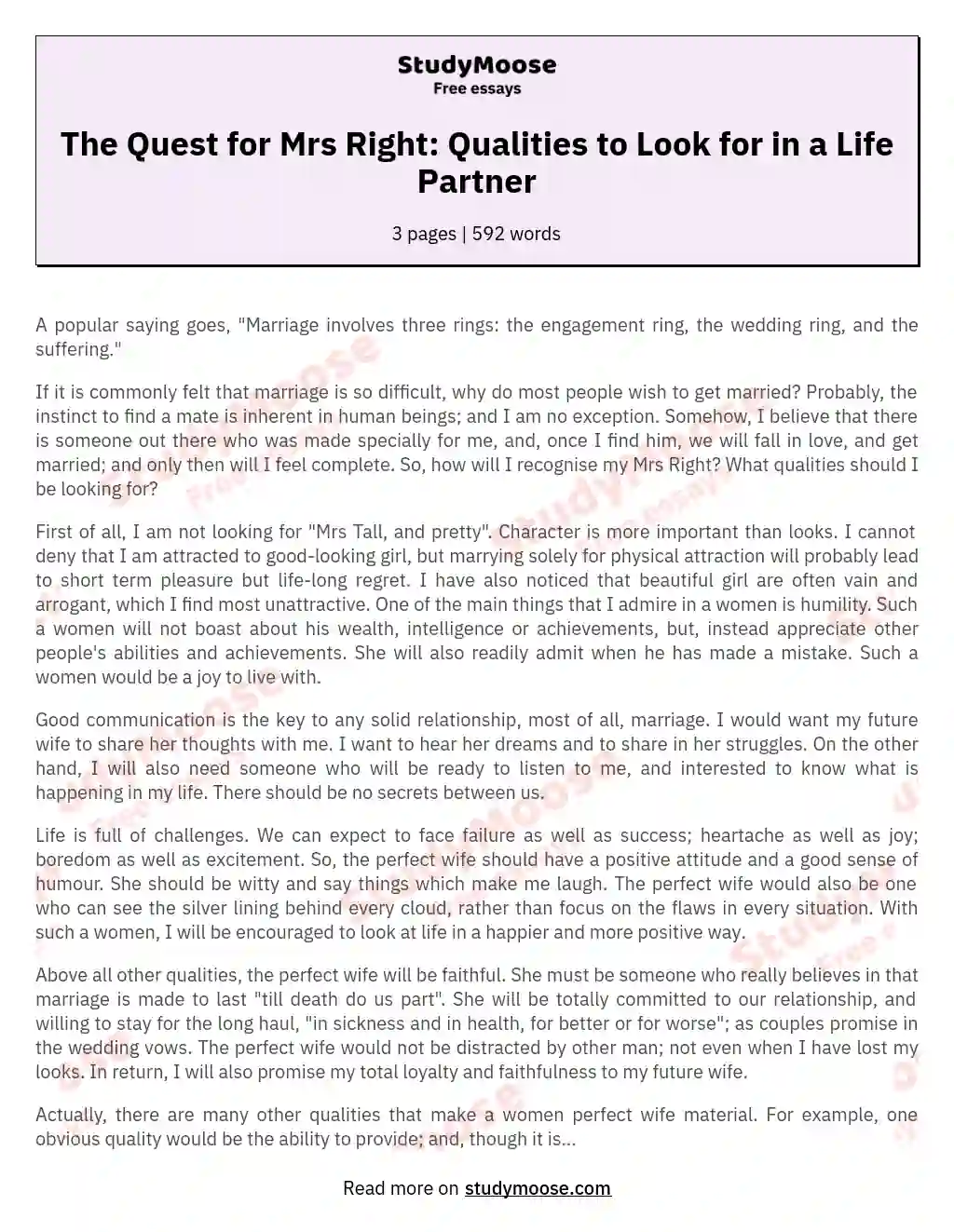 The Quest for Mrs Right: Qualities to Look for in a Life Partner essay