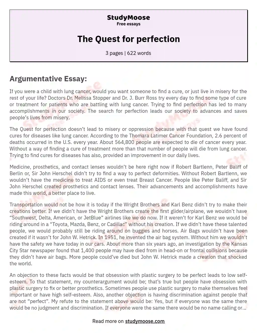 perfection essay examples