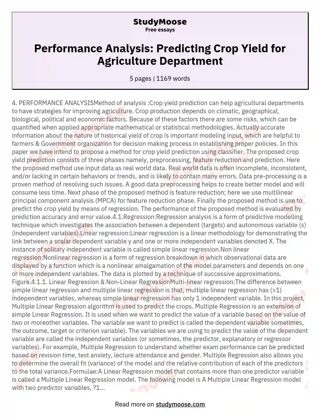 Performance Analysis: Predicting Crop Yield for Agriculture Department essay