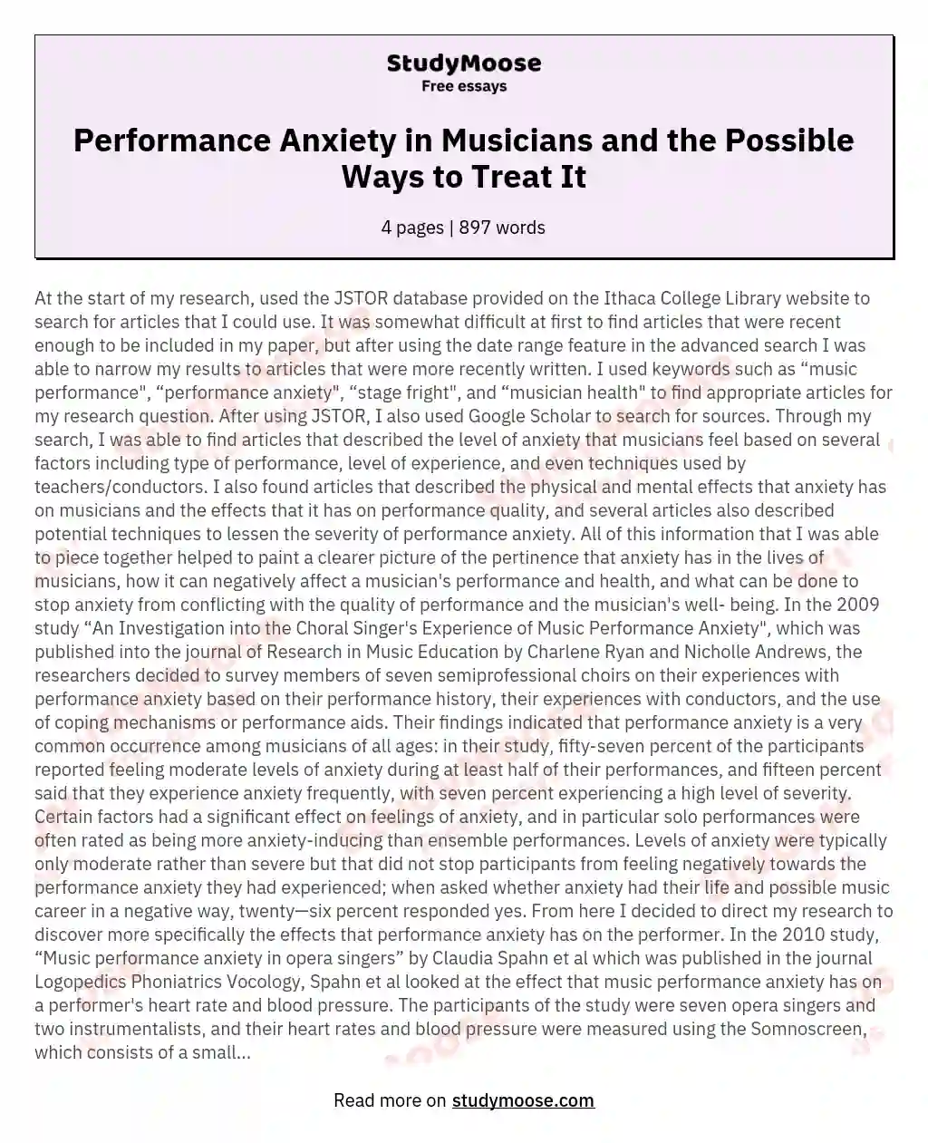 Performance Anxiety in Musicians and the Possible Ways to Treat It essay