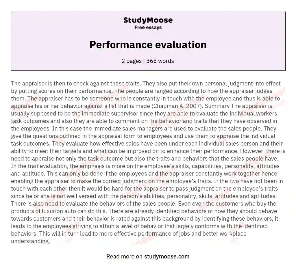 Performance Evaluation Free Essay Example