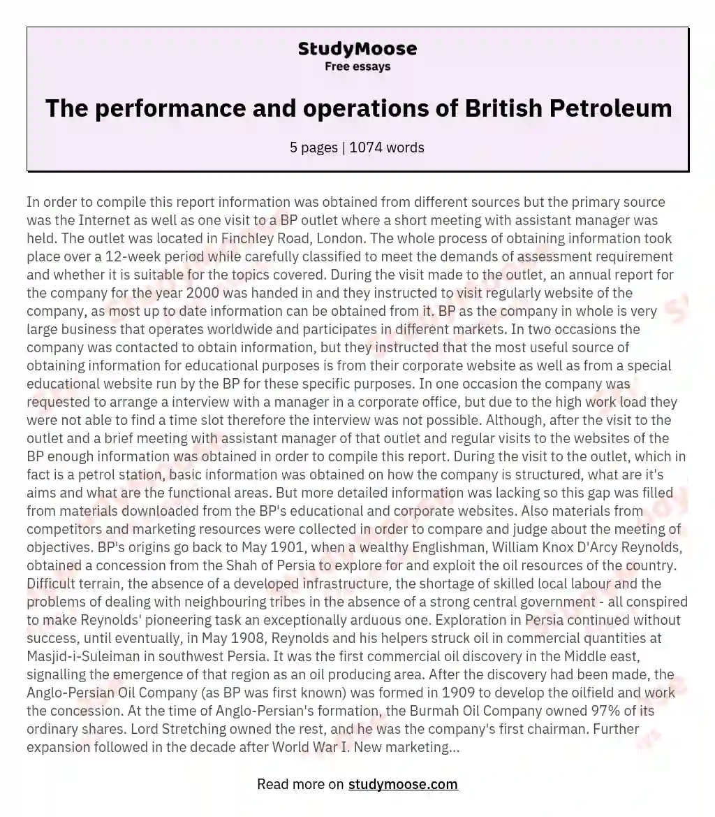 The performance and operations of British Petroleum essay