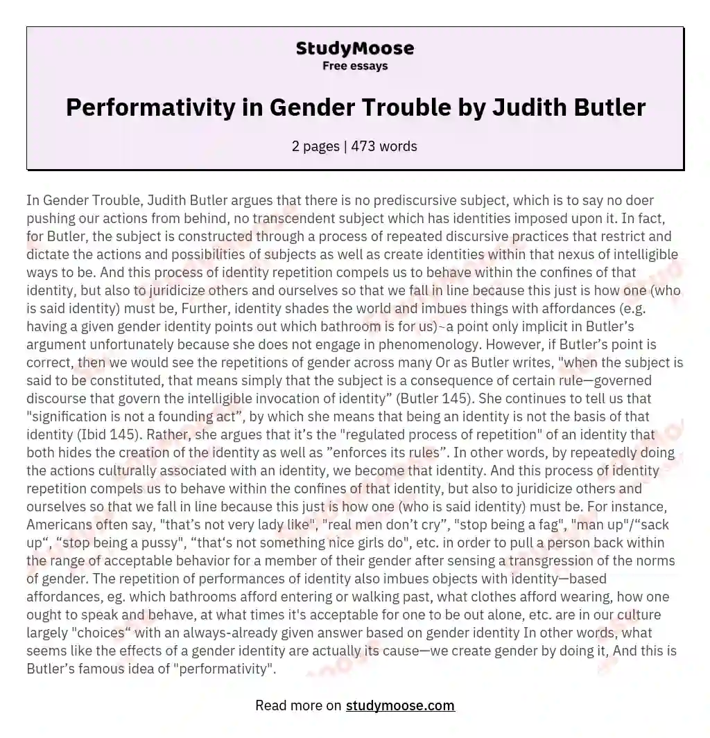 Performativity in Gender Trouble by Judith Butler essay