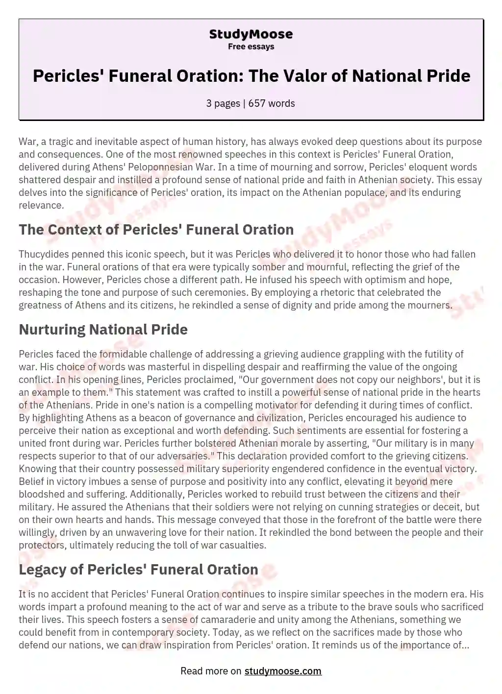 Pericles' Funeral Oration: The Valor of National Pride essay