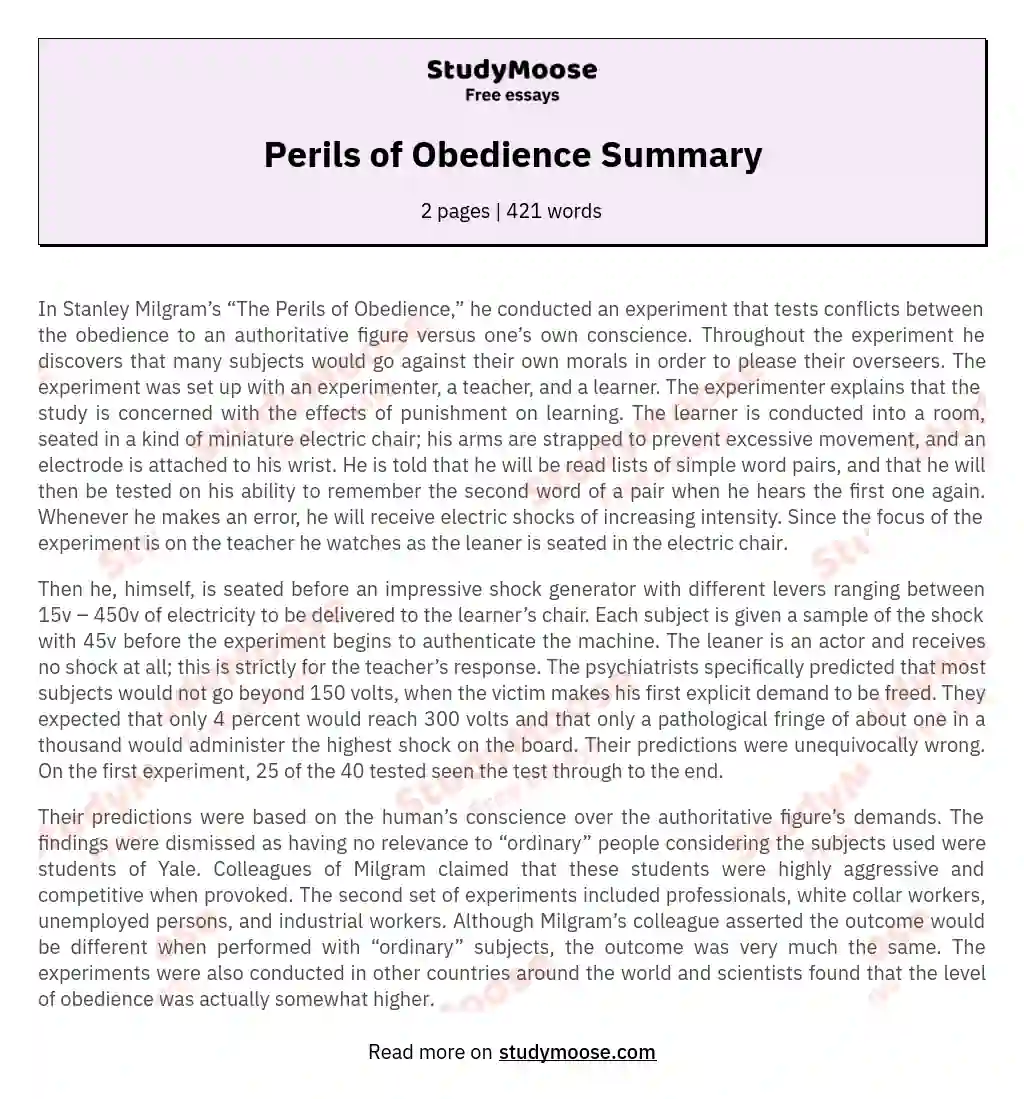 Perils of Obedience Summary