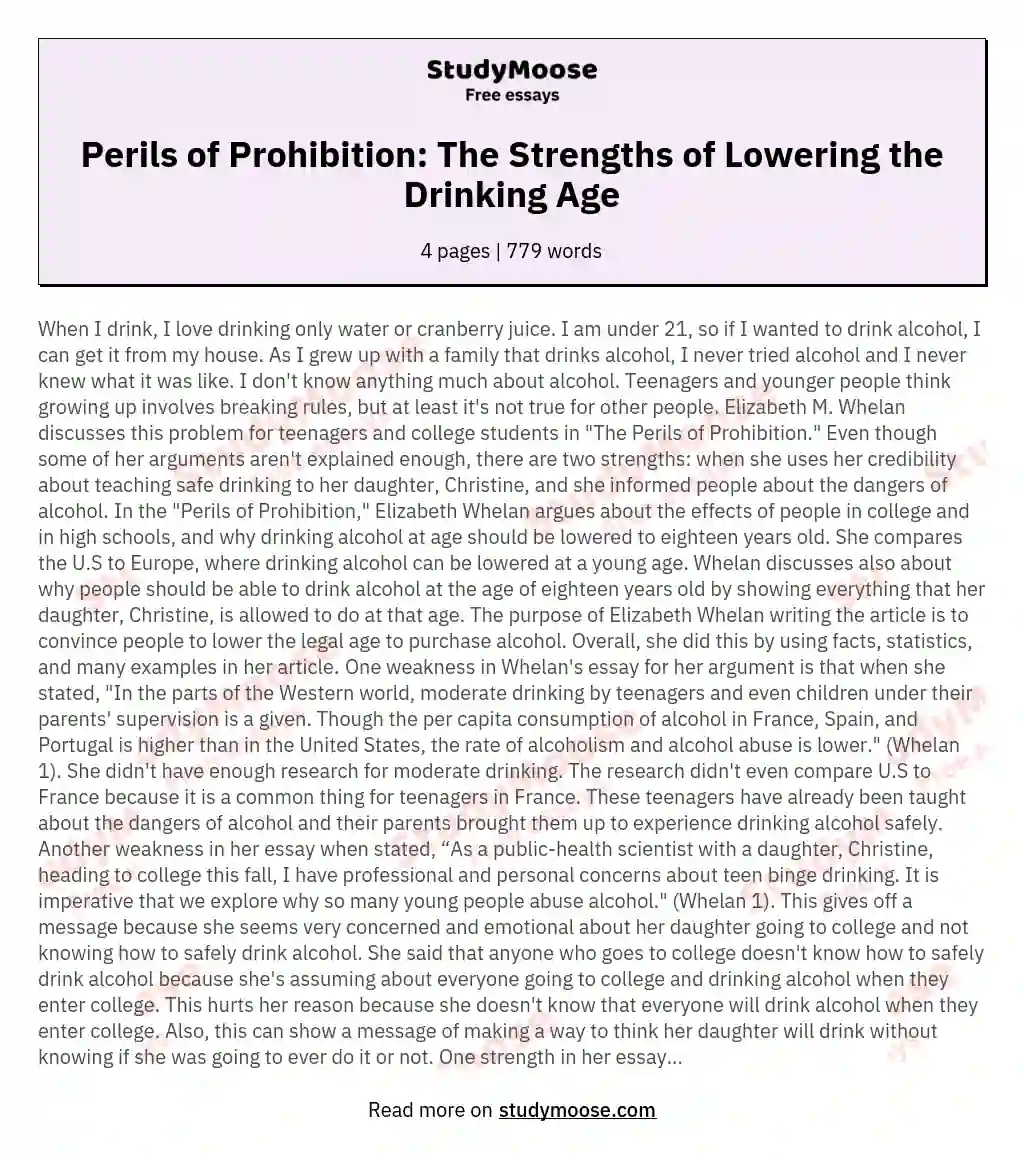 Perils of Prohibition: The Strengths of Lowering the Drinking Age essay