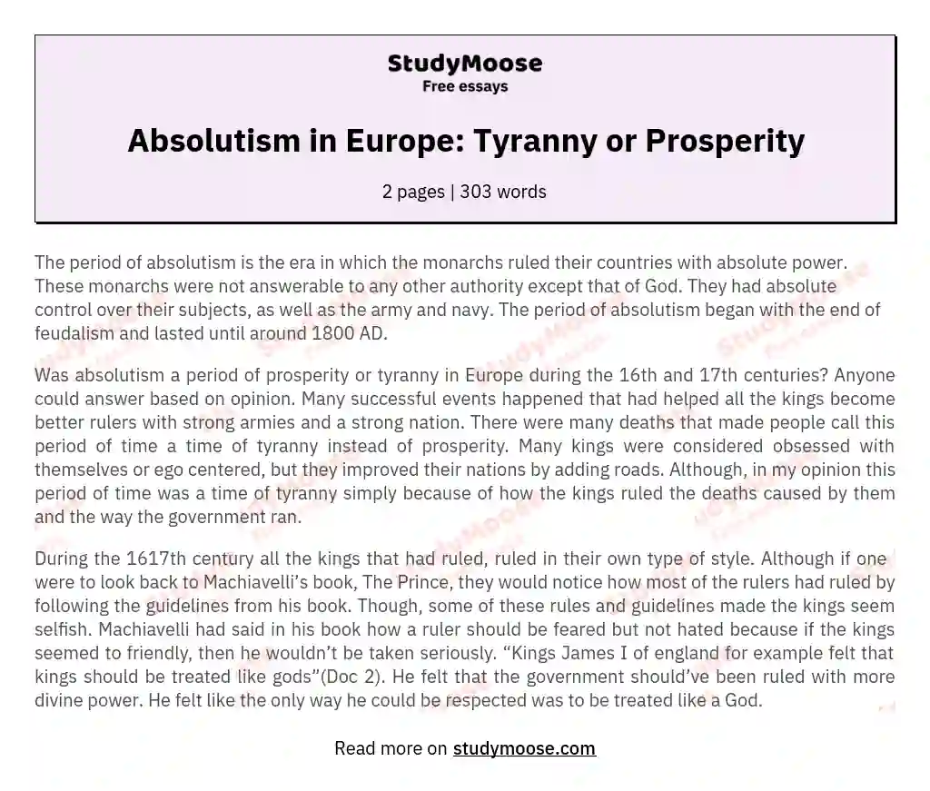 Absolutism in Europe: Tyranny or Prosperity essay