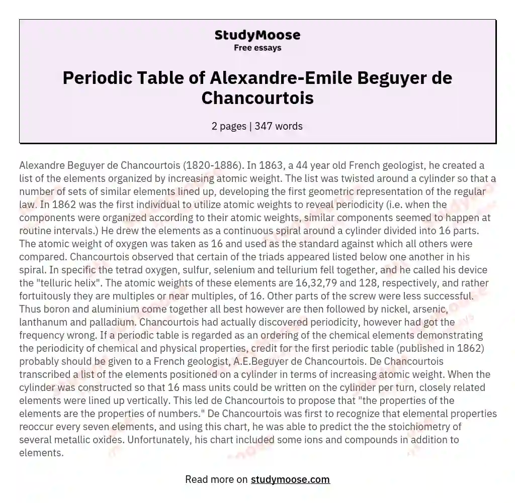 Periodic Table of Alexandre-Emile Beguyer de Chancourtois essay