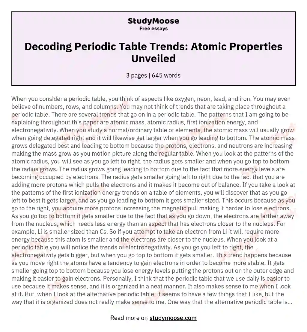 Decoding Periodic Table Trends: Atomic Properties Unveiled essay
