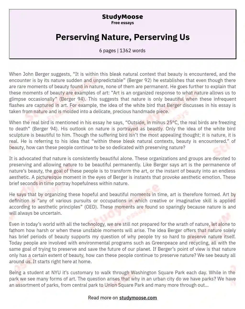 Perserving Nature, Perserving Us essay