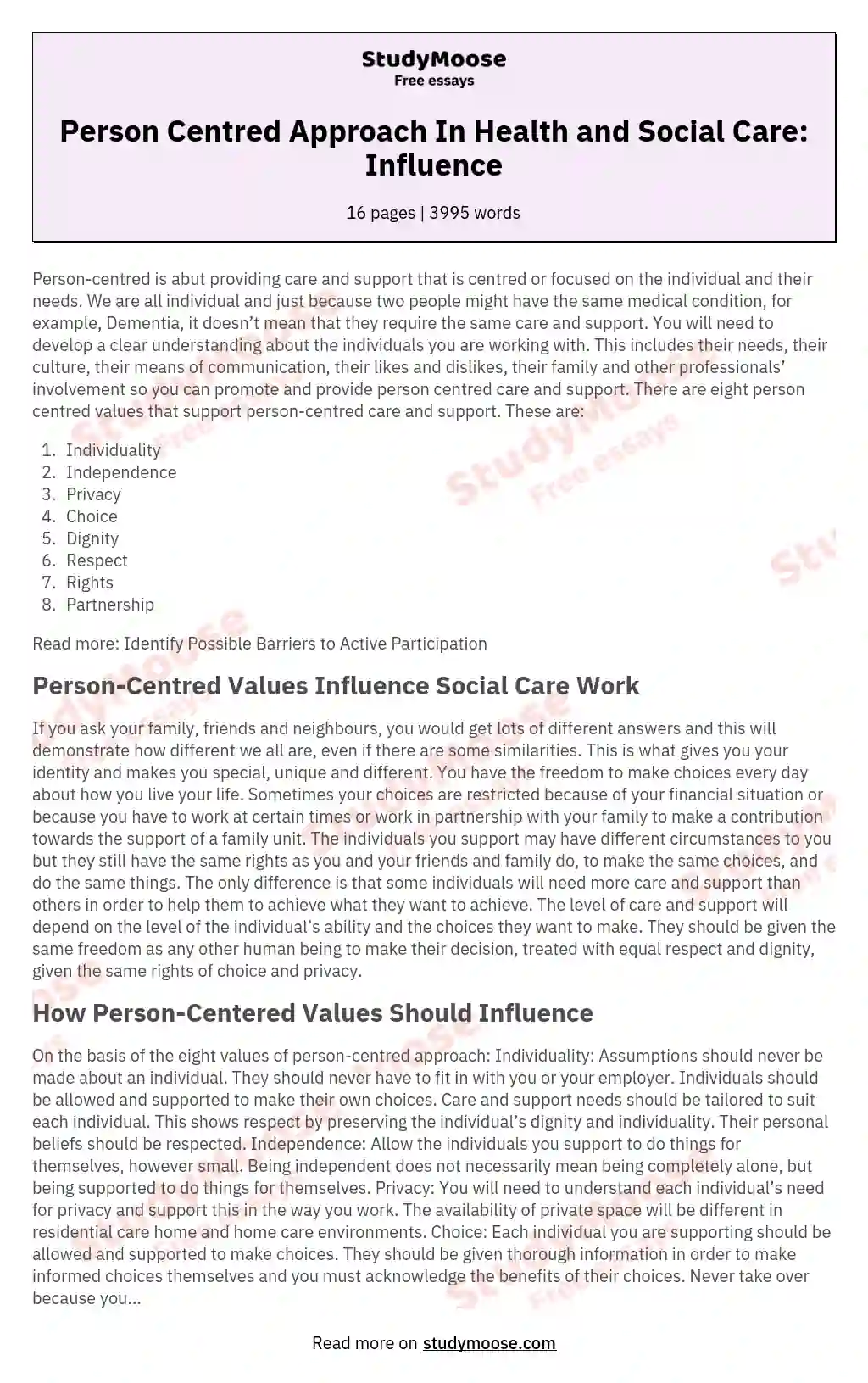 Person Centred Approach In Health and Social Care: Influence