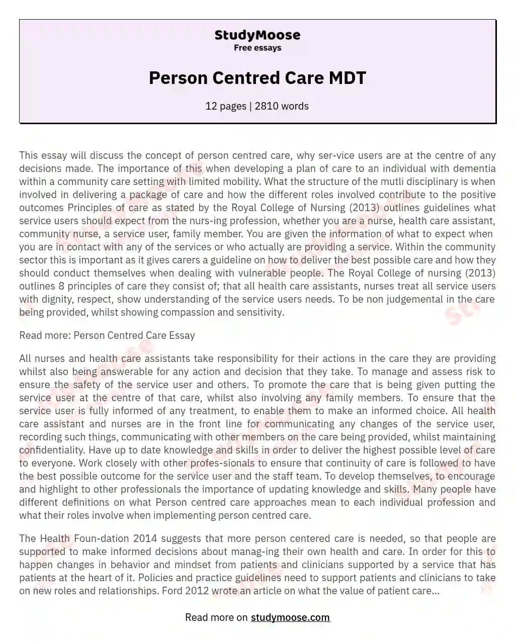Person Centred Care MDT essay