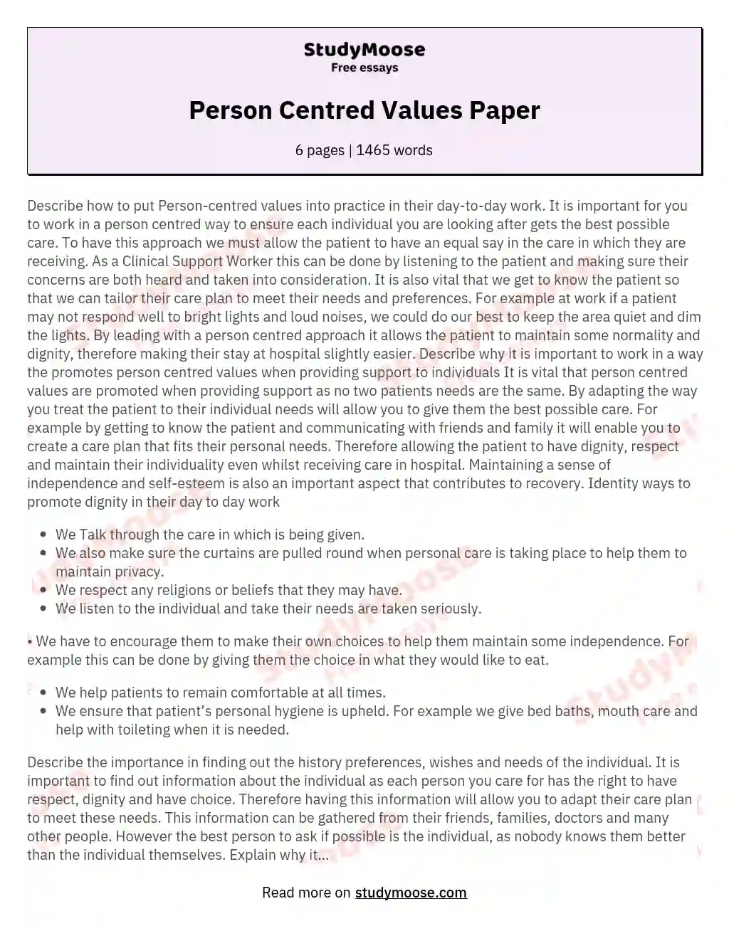 Person Centred Values Paper essay
