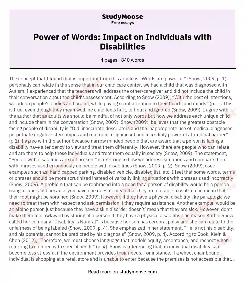 Power of Words: Impact on Individuals with Disabilities essay