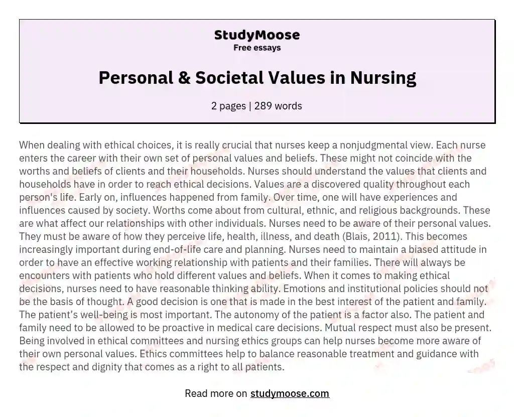 Personal &amp; Societal Values in Nursing essay