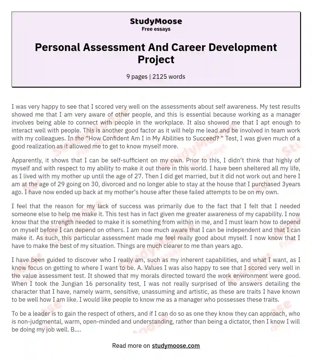 Personal Assessment And Career Development Project essay