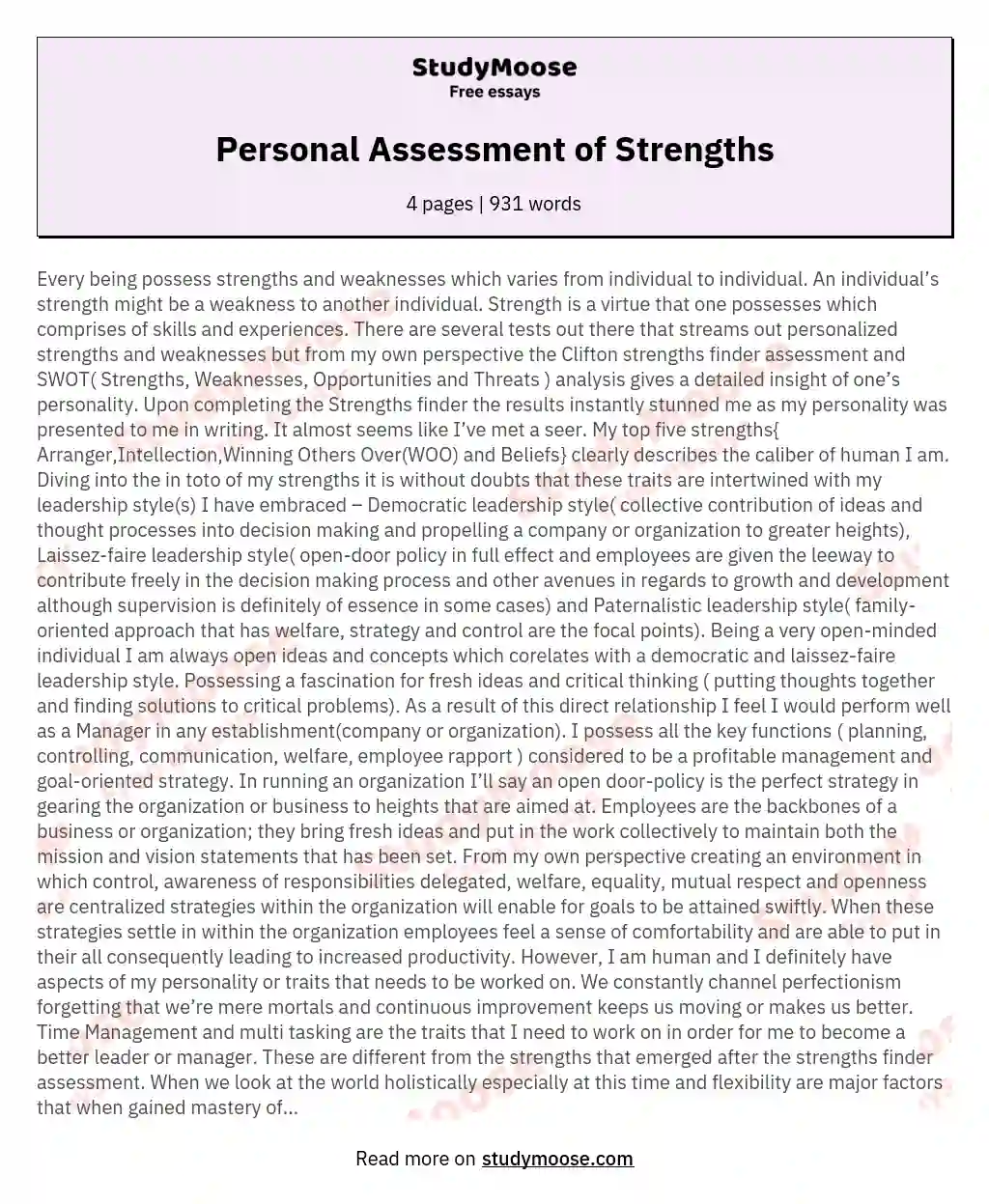 Personal Assessment of Strengths essay