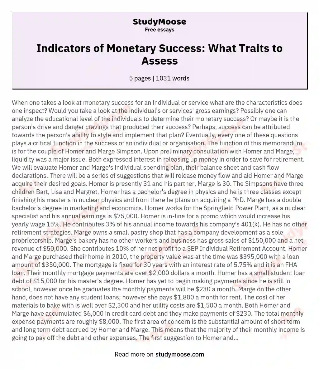 Indicators of Monetary Success: What Traits to Assess essay
