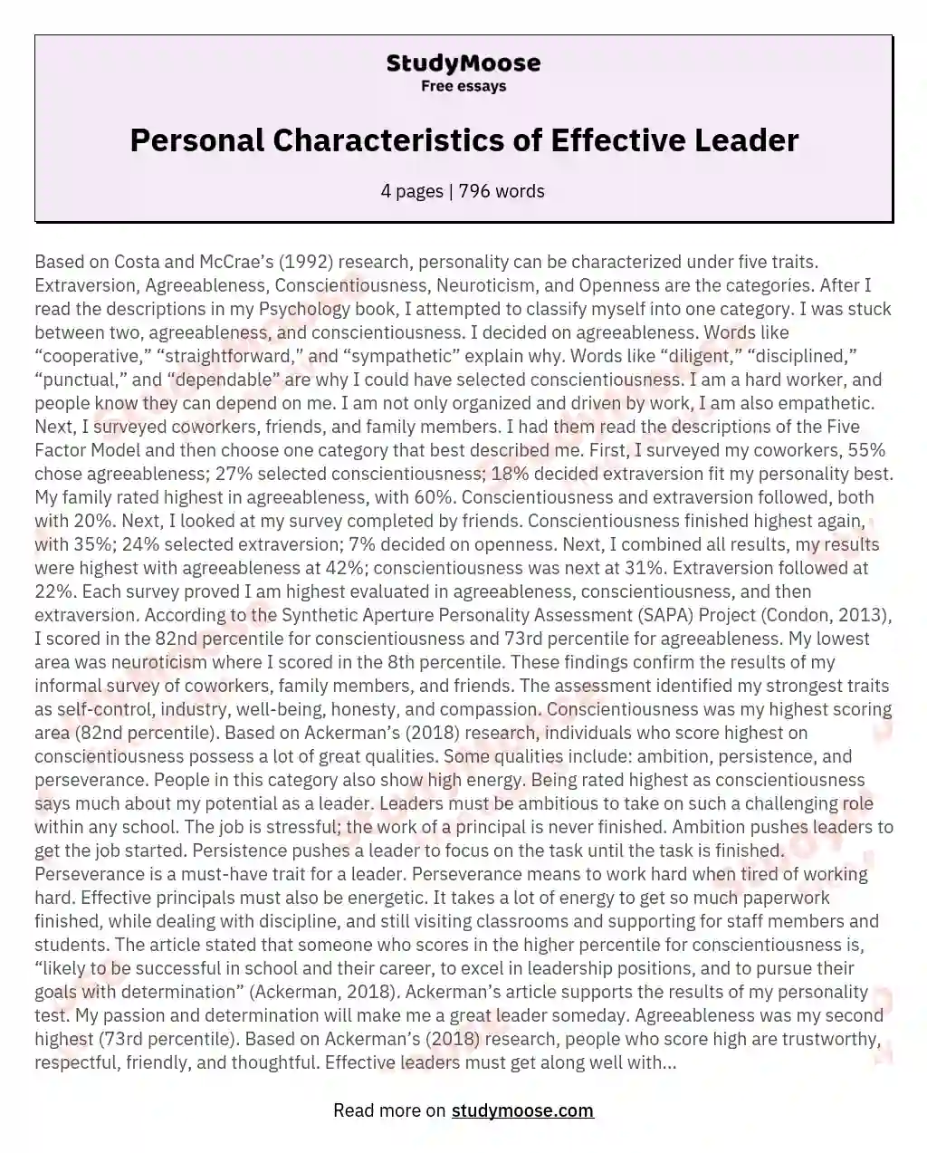 Personal Characteristics of Effective Leader essay