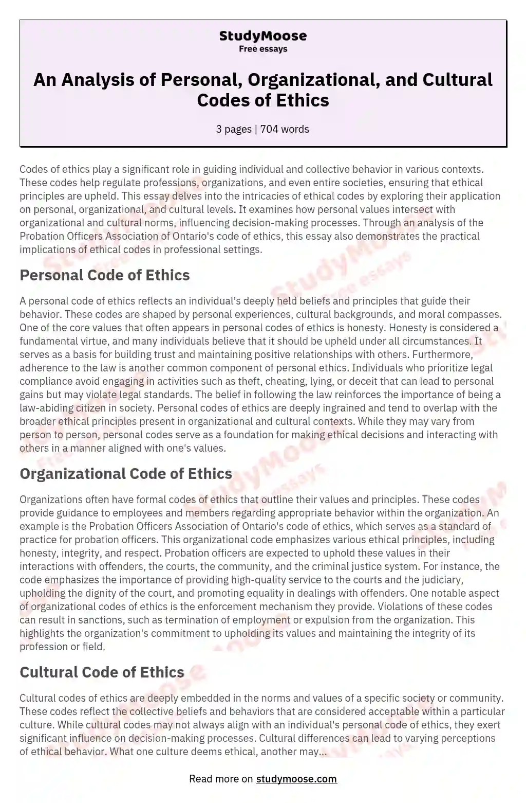 An Analysis of Personal, Organizational, and Cultural Codes of Ethics essay