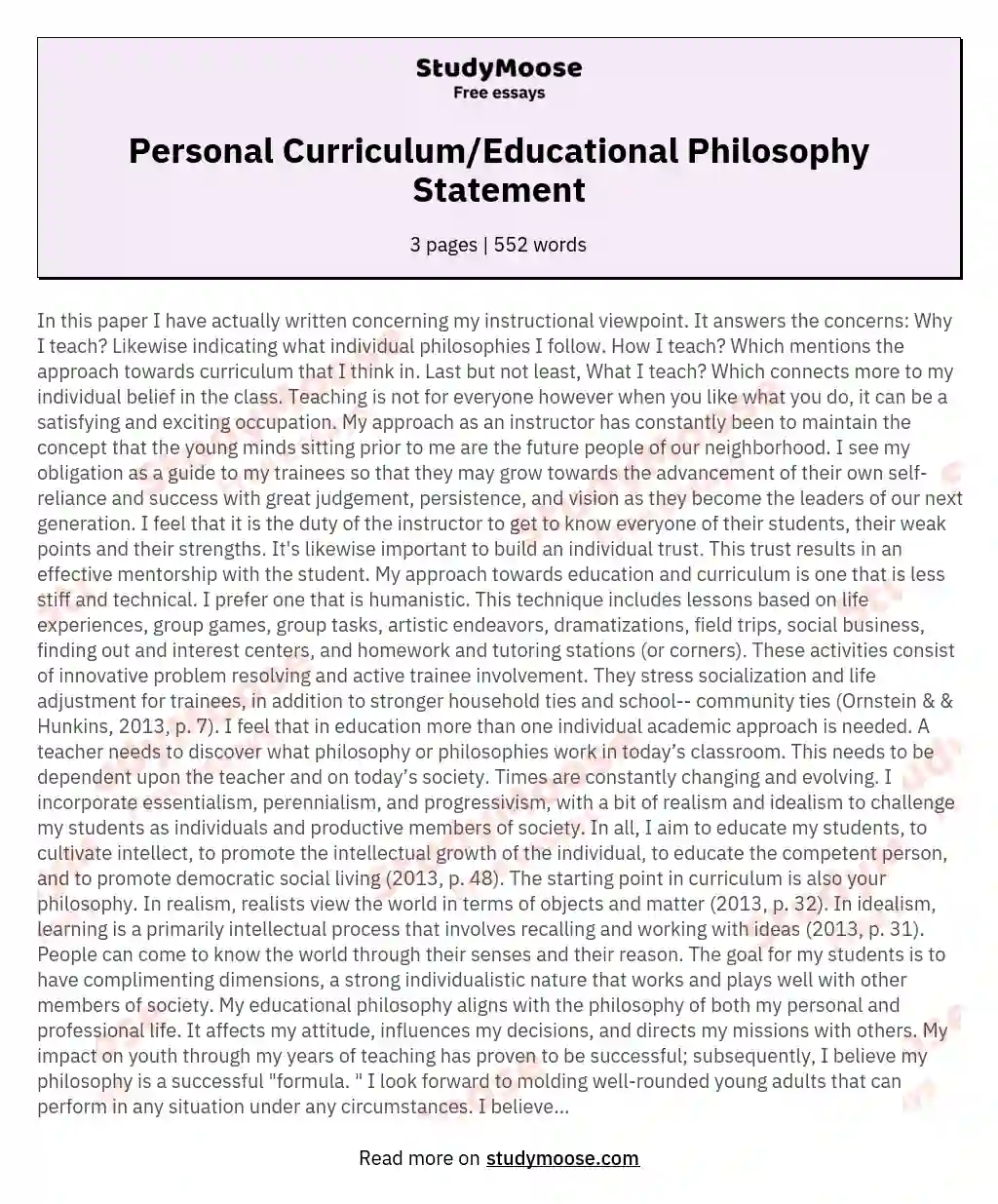 Personal Curriculum/Educational Philosophy Statement