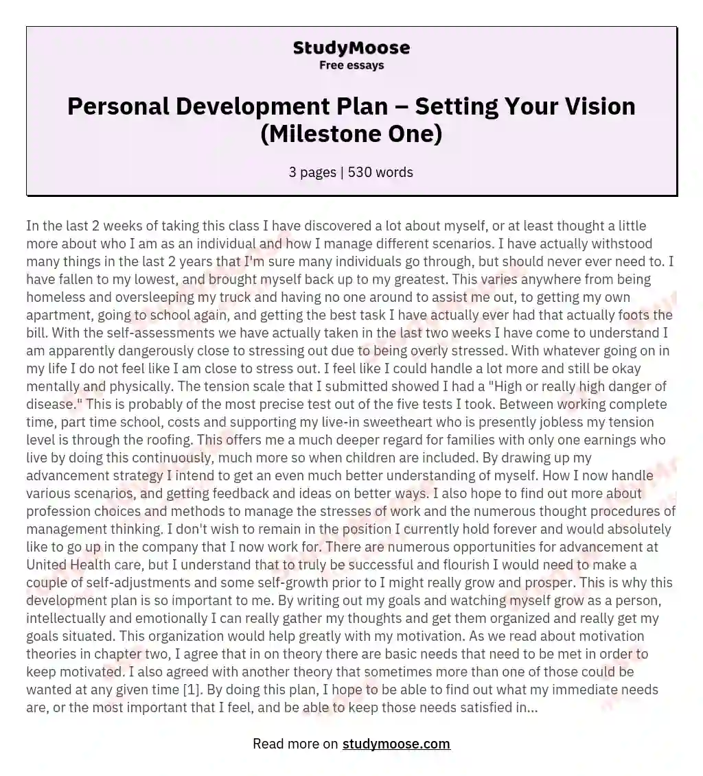 Personal Development Plan – Setting Your Vision (Milestone One) essay