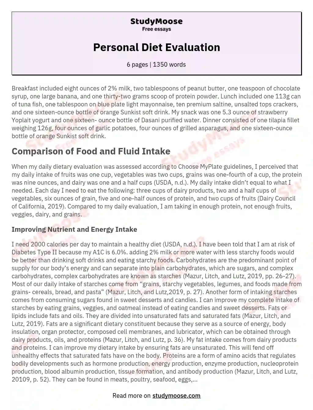Personal Diet Evaluation essay
